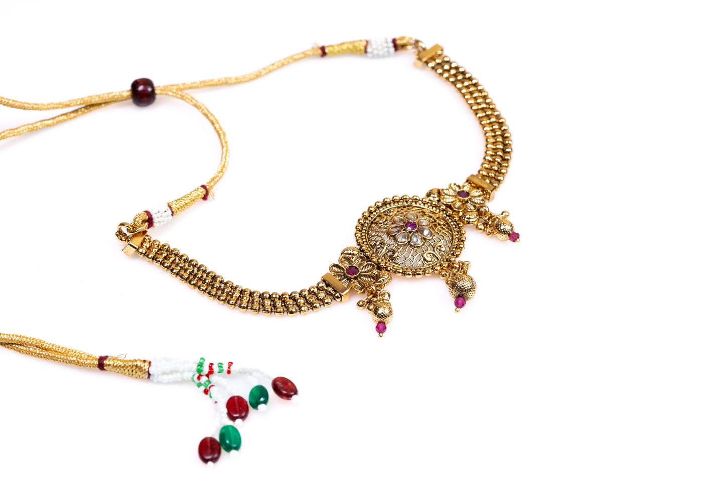 Traditional Gold  Plated Floral Jewellery Set: Ornate Floral Necklace, Earrings, and Maangtika with Ruby Accent -Artificial Jewelry For Women And Girls - Buy Online at The Laxmi Company