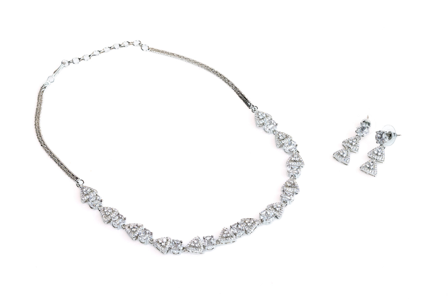 Silver Necklace and Triangle Drop Earrings with Sparkling Cubic Zirconia- Elegant Women's Artificial Jewelry Set For Women and Girls - Luxury Fashion and Artificial Jewelry- Buy Online at The Laxmi Company