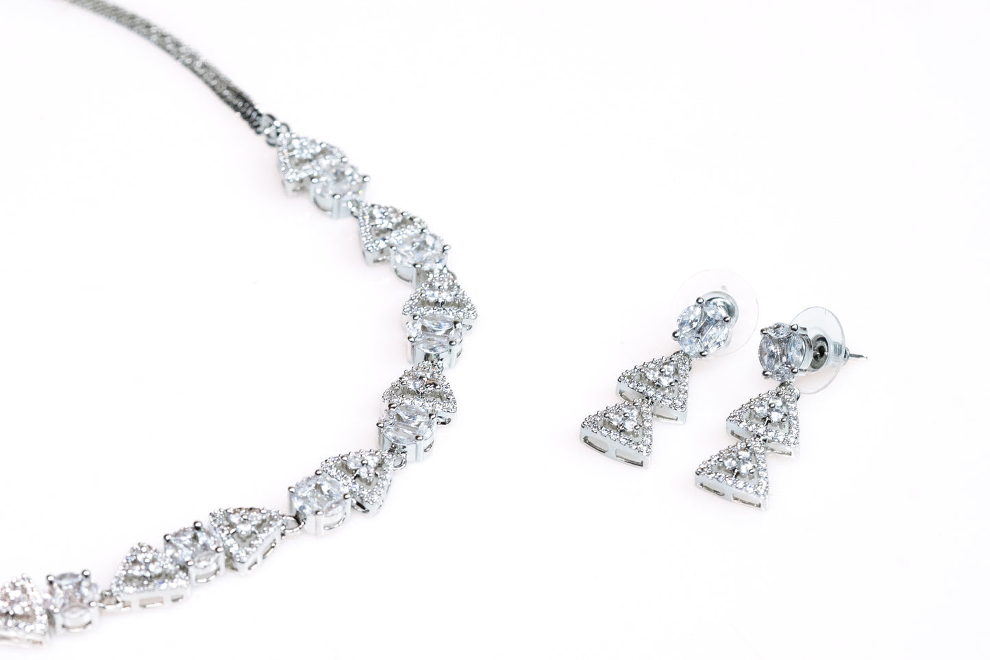 Silver Necklace and Triangle Drop Earrings with Sparkling Cubic Zirconia- Elegant Women's Artificial Jewelry Set For Women and Girls - Luxury Fashion and Artificial Jewelry- Buy Online at The Laxmi Company