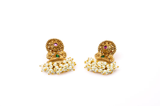 Gold Jhumkas with Pearl and Emerald