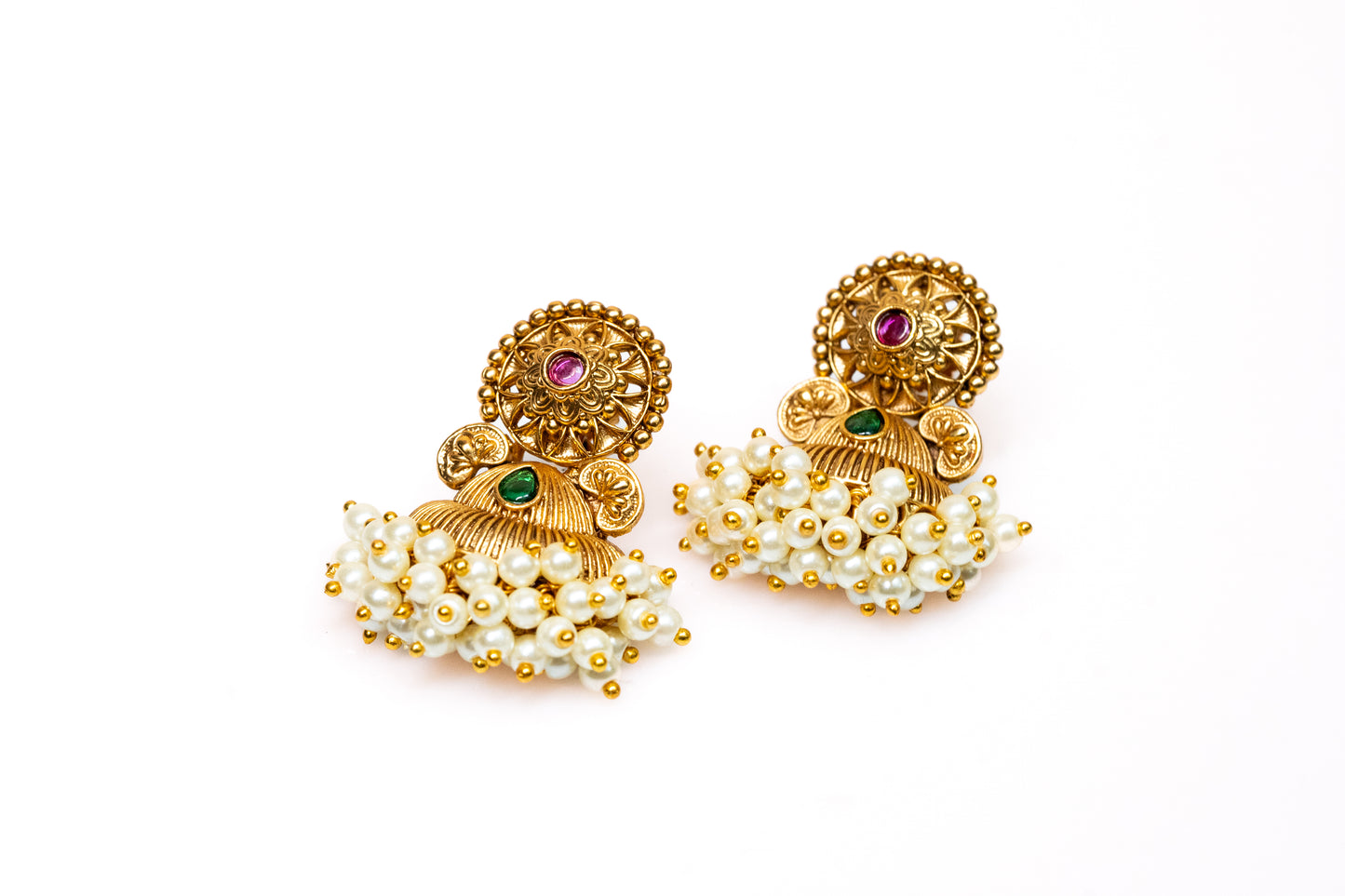 Gold Jhumkas with Pearl and Emerald