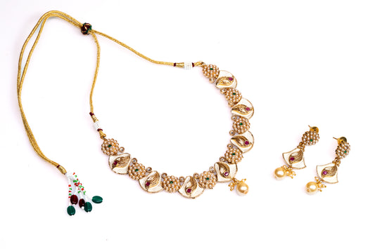 Stunning  Imitation Faux Pearl Necklace Set With Multicolor Accents for the Modern Maharani - Fashionable Jewelry Set For Any Occasion Buy Online - The Laxmi Company