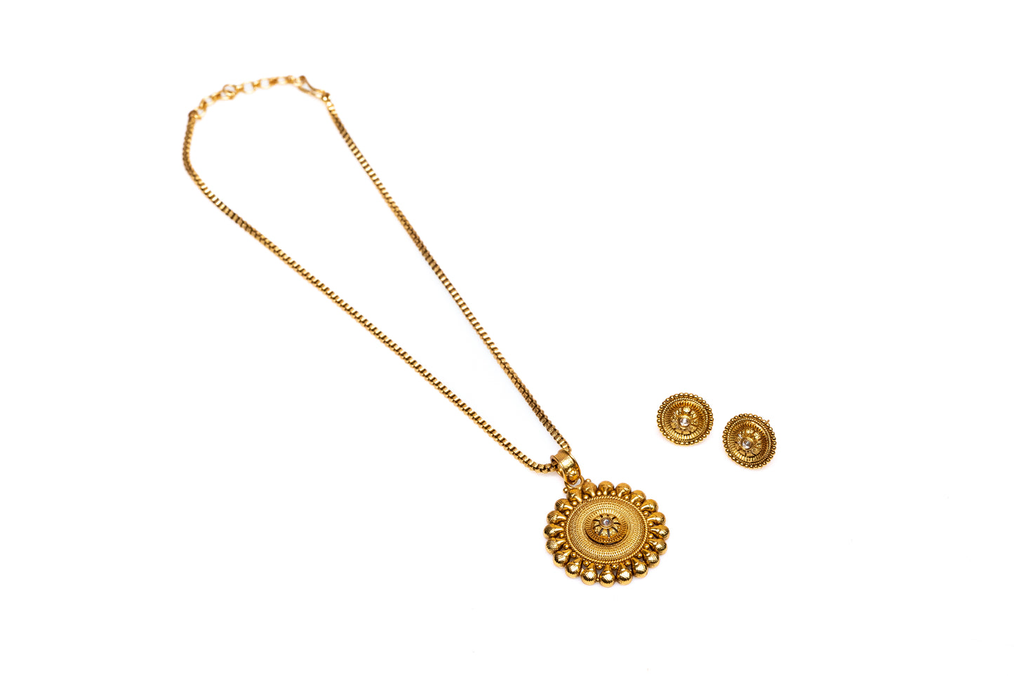 Radiant Gold Mandala Pendant Set - Traditional Gold Plated  Intricate Round Pendant Necklace with Stud Earrings for Women and Girls | Shop Online at The Laxmi Company