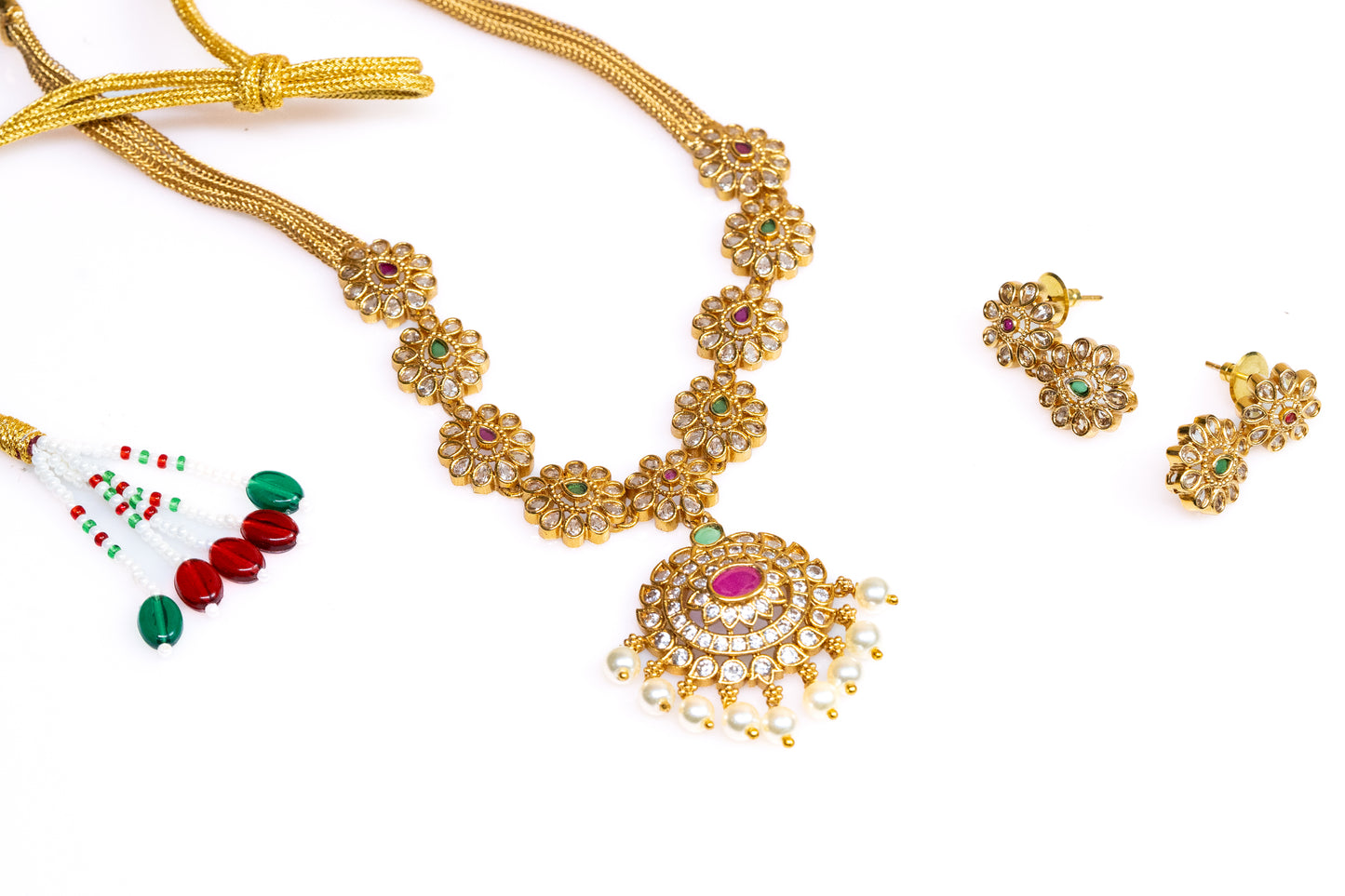 Exclusive Imitation Golden Flower Necklace Set With Multicolor Accents  And White Crystals- Stylish Jewelry Set Buy Online For Women And Girls - The Laxmi Company