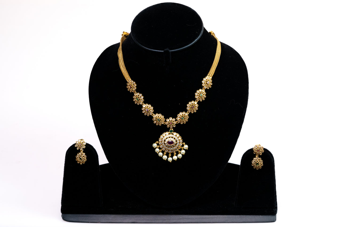 Exclusive Imitation Golden Flower Necklace Set With Multicolor Accents  And White Crystals- Stylish Jewelry Set Buy Online For Women And Girls - The Laxmi Company