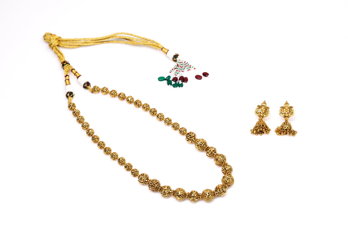 Intricate Gold-Plated Big Size Beads Matar Mala Chain With Earrings- Statement Making Artificial Jewelry Set for Women Buy Online - The Laxmi Company