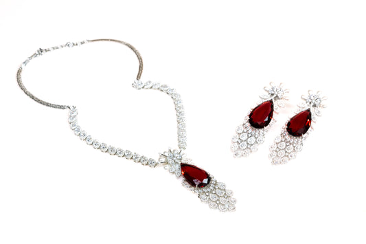 Elegant Red Ruby Zircon Floral Statement Necklace Jewellery Set-Necklace with Earrings For Women and Girls Buy Online- The Laxmi Company