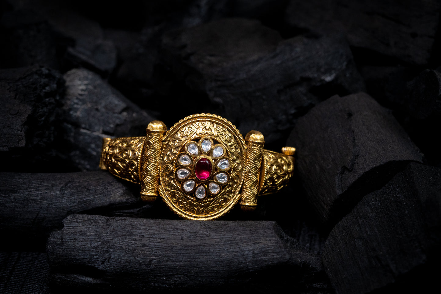 Gold Bangle Adorned with Ruby Crystal Bead