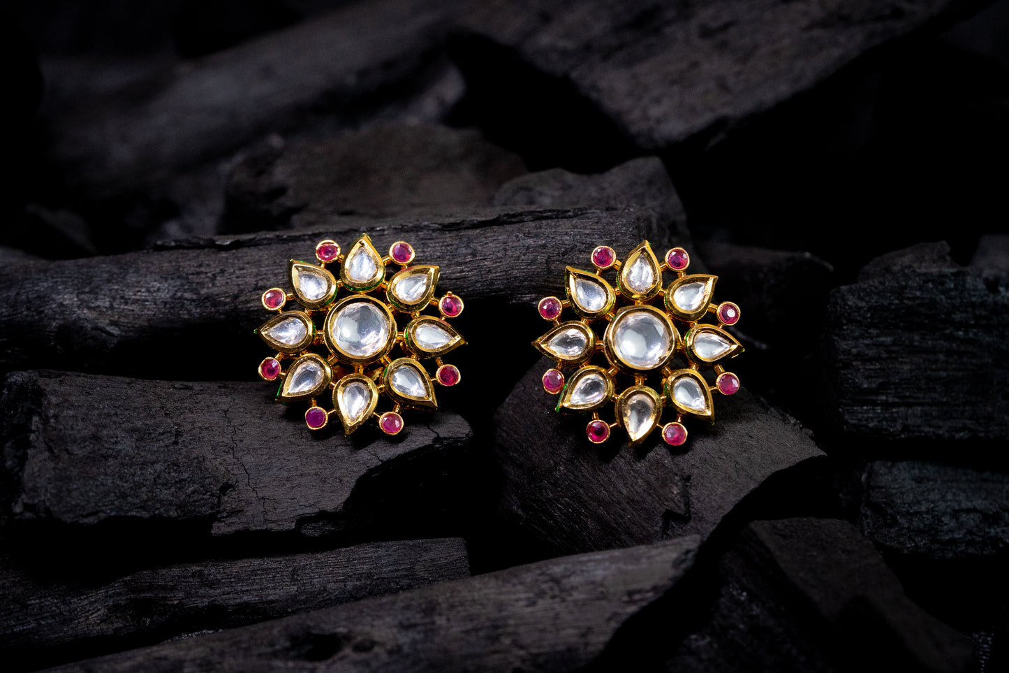 Floral Earrings with Ruby and Crystal