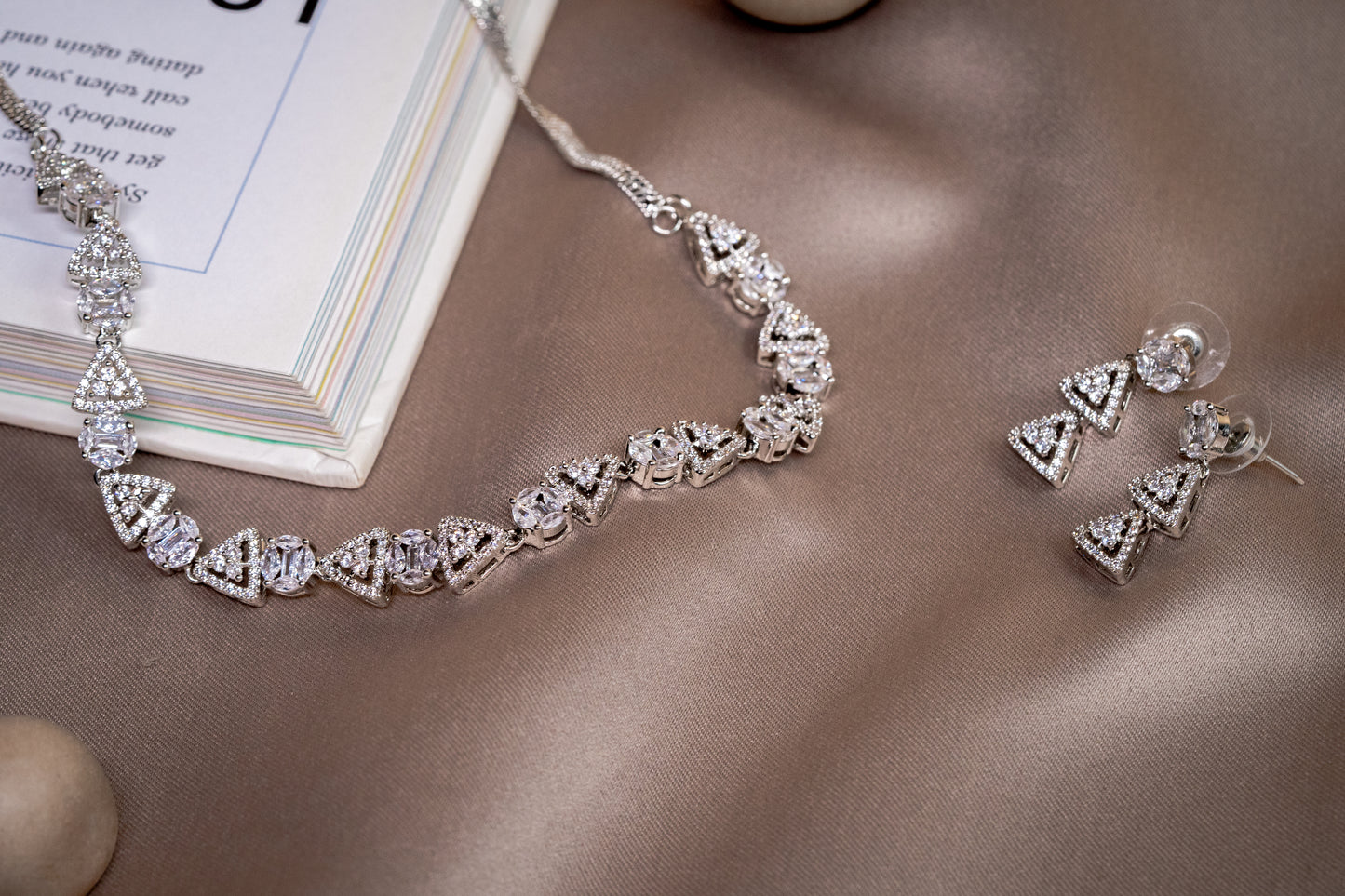 Silver Necklace and Triangle Drop Earrings with Sparkling Cubic Zirconia- Elegant Women's Artificial Jewelry Set For Women and Girls - Luxury Fashion and Artificial Jewelry- Buy Online at The Laxmi Company