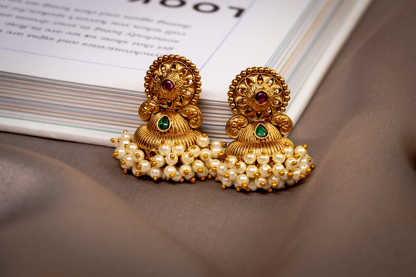 Gold Jhumkas with Pearl and Emerald