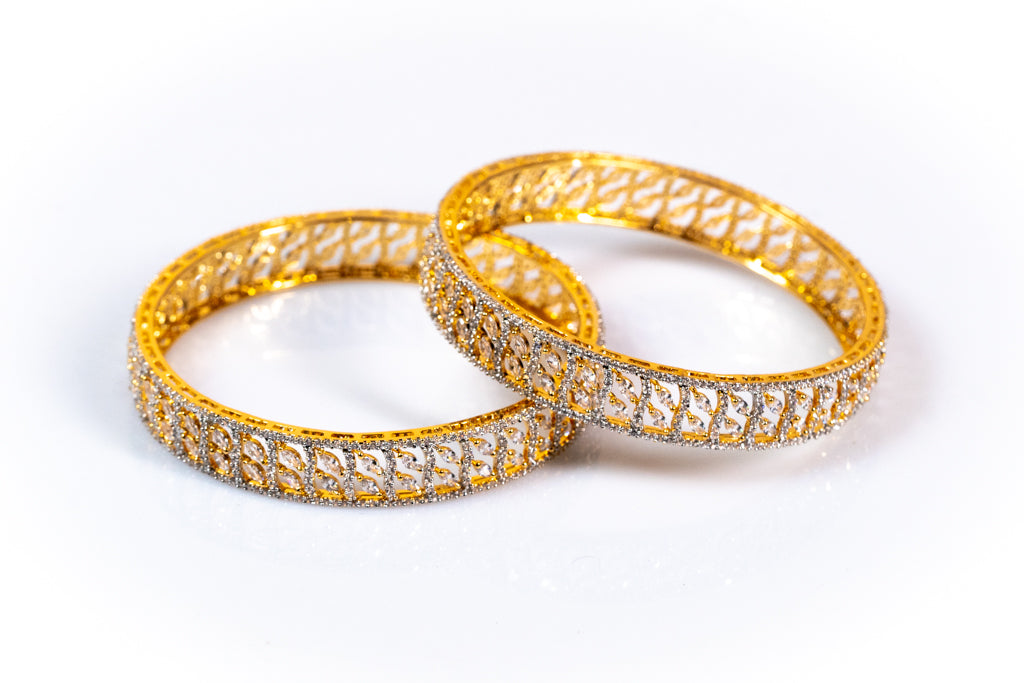 Stunning  Gold-Toned Filigree Bangles with Intricate Diamond and Sparkling Rhinestone Accents - Trendy Fashion and Artificial Jewelry for Women - The Laxmi Collection