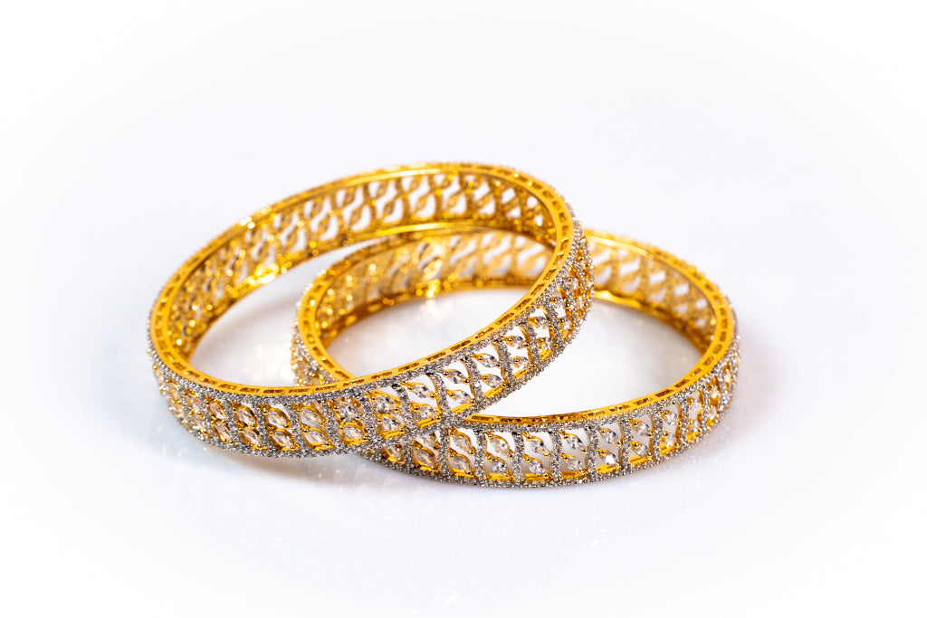 Stunning  Gold-Toned Filigree Bangles with Intricate Diamond and Sparkling Rhinestone Accents - Trendy Fashion and Artificial Jewelry for Women - The Laxmi Collection