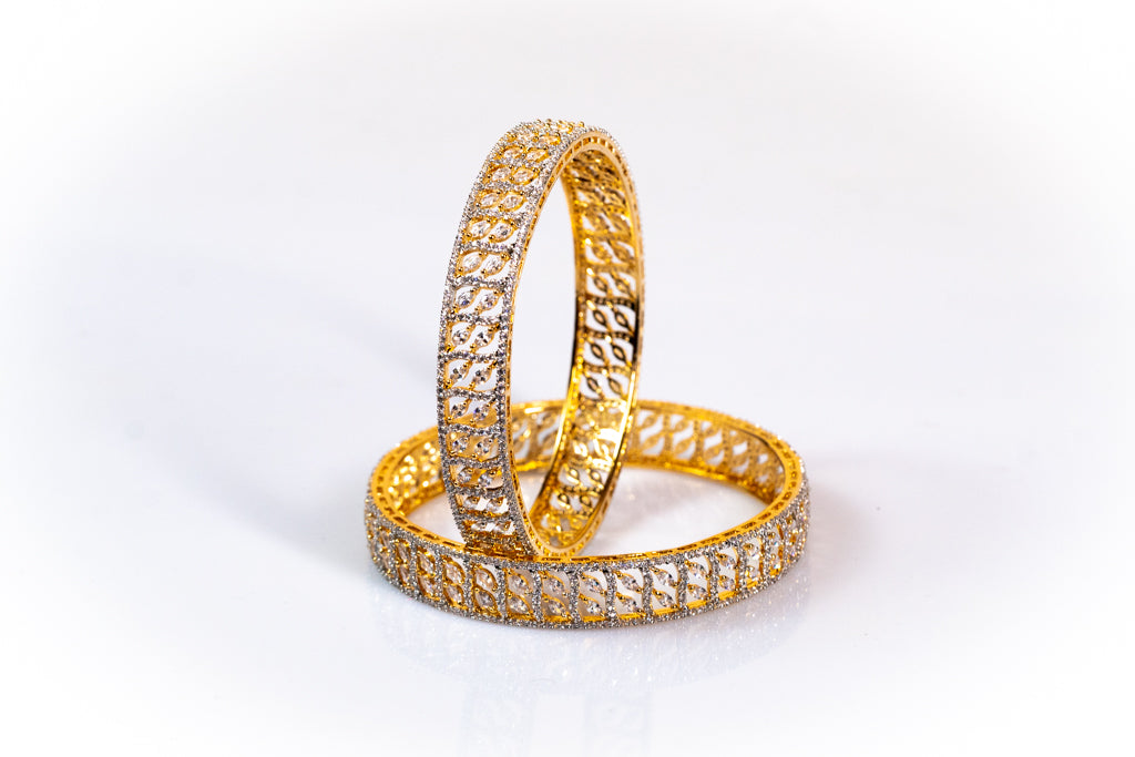 Stunning  Gold-Toned Filigree Bangles with Intricate Diamond and Sparkling Rhinestone Accents - Trendy Fashion and Artificial Jewelry for Women - The Laxmi Collection