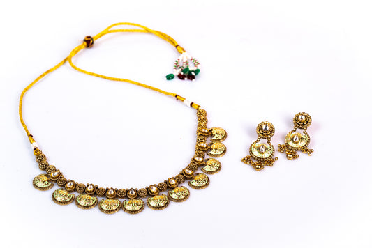 Regal Antique Kundan-Style Choker with Matching Earrings Set: Luxurious Gold-Toned Artificial Jewelry for Women -Buy Online at The Laxmi Collection