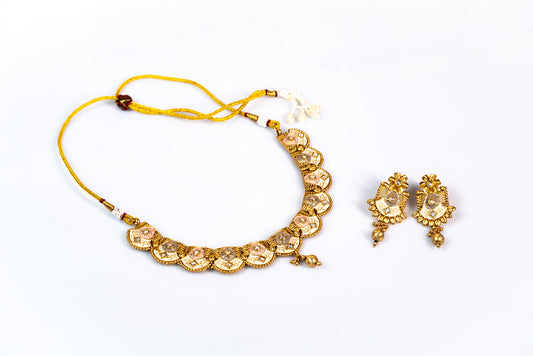 Enchanting Floral Coin Choker with Ornate Petal Earrings Set: Elegant Gold-Toned Artificial Jewelry for Women - The Laxmi Collection