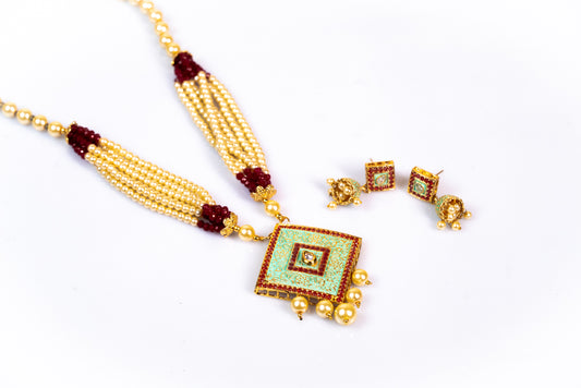 Elegant Pearl and Ruby Beaded Necklace with Intricate Square Pendant and Matching Earring-Stunning Artificial Jewellery Set for Women:- Shop online at The Laxmi Collection