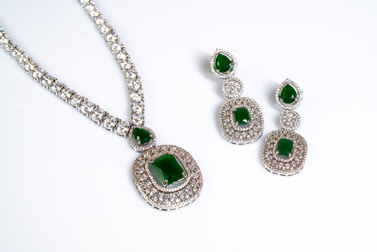 Victorian Style Green Emerald Diamond Drop Pendant Set with Earrings - Luxury Fashion and Artificial Jewelry for Women and Girls- The Laxmi Collection