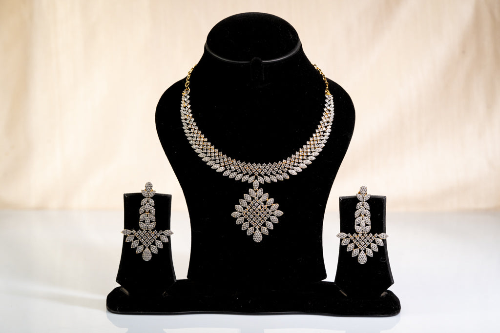 Glamorous Crystal Leaf Design Necklace Set with Earrings --Luxury Fashion and Artificial Jewelry for Women and Girls- The Laxmi Collection