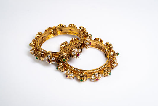 Exquisite  Multi Colored Floral Design Kundan-Style Gold Bangles- Traditional Indian Wear Jewelry For Women - Shop Online at The Laxmi Collection