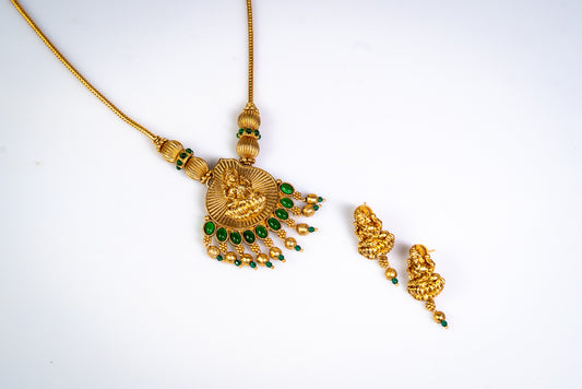 Traditional Temple Gold-Plated Goddess Choker and Earrings Set with Green Accents - Divine Artificial Jewelry for Women - Shop Online at The Laxmi Collection