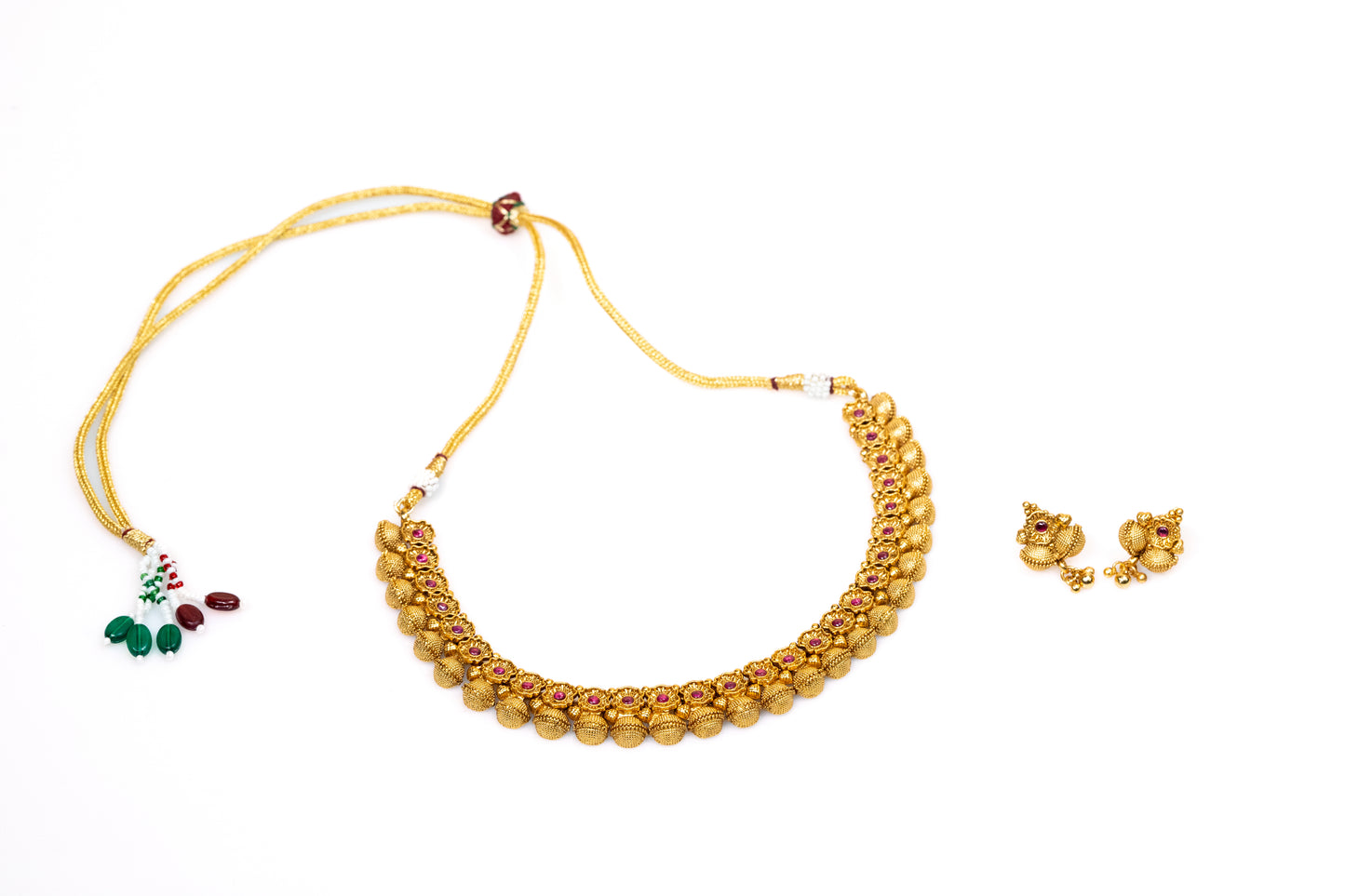 Exquisite Gold-Plated Traditional Coin Ginni Choker Necklace and Earrings Set with Intricate Red and Green Accents for Women Buy Online – The Laxmi Company