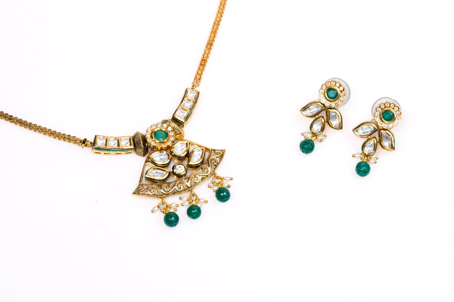 Stunning Green & White Stone-Studded Emerald Gold Plated Jewelry Set - Necklace with Earrings For Women and Girls Buy Online- The Laxmi Company