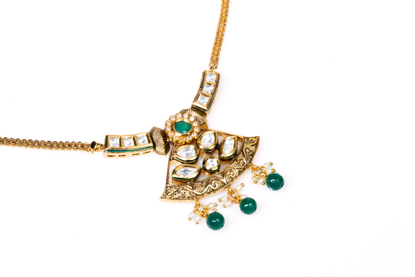 Stunning Green & White Stone-Studded Emerald Gold Plated Jewelry Set - Necklace with Earrings For Women and Girls Buy Online- The Laxmi Company