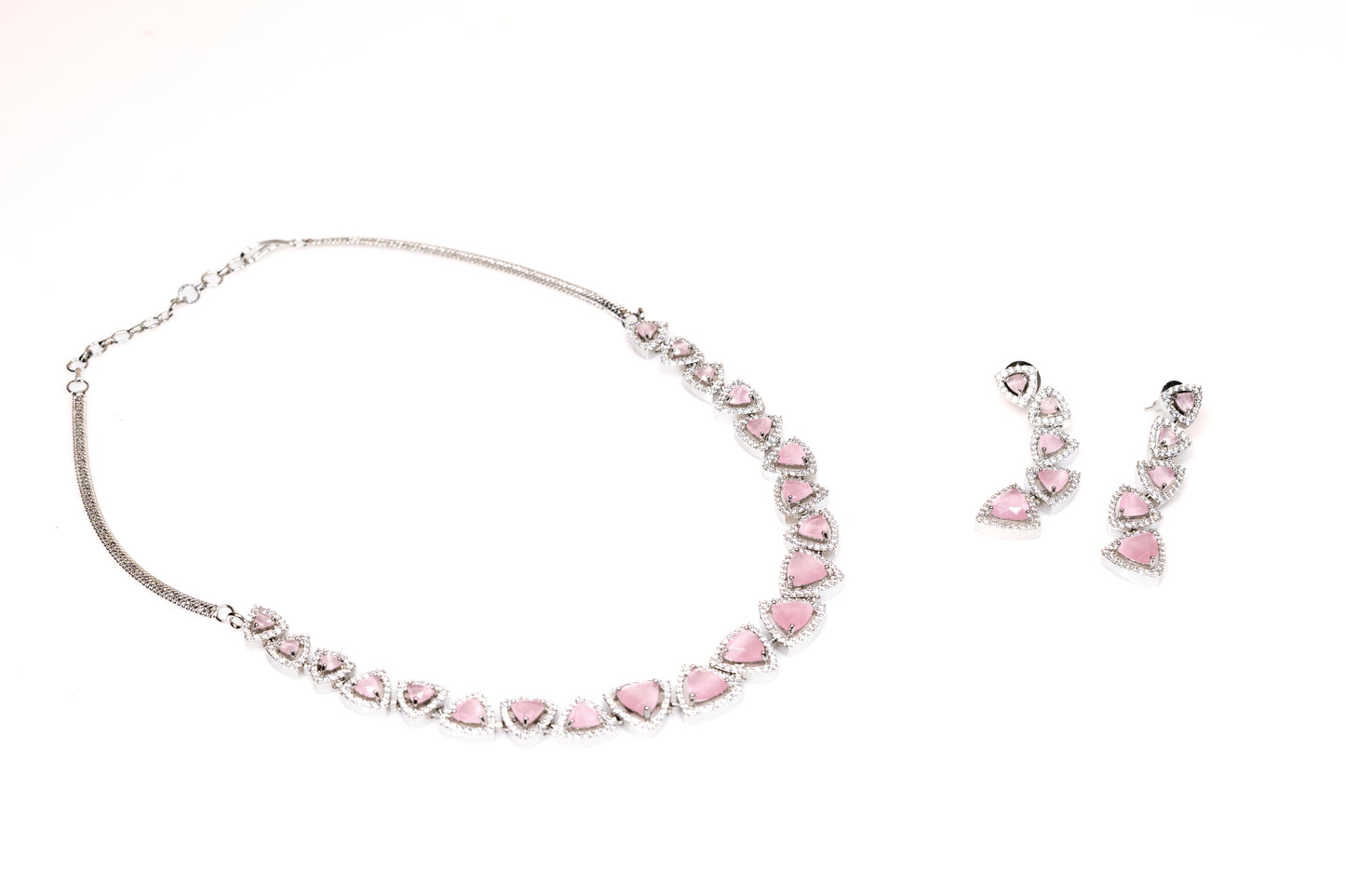 Enchanting Pink Crystal Necklace Set: Glamorous Silver-Toned Triangle Gem Collection - Dazzling Artificial Jewellery for Women's Evening Elegance Buy Online - The Laxmi Company