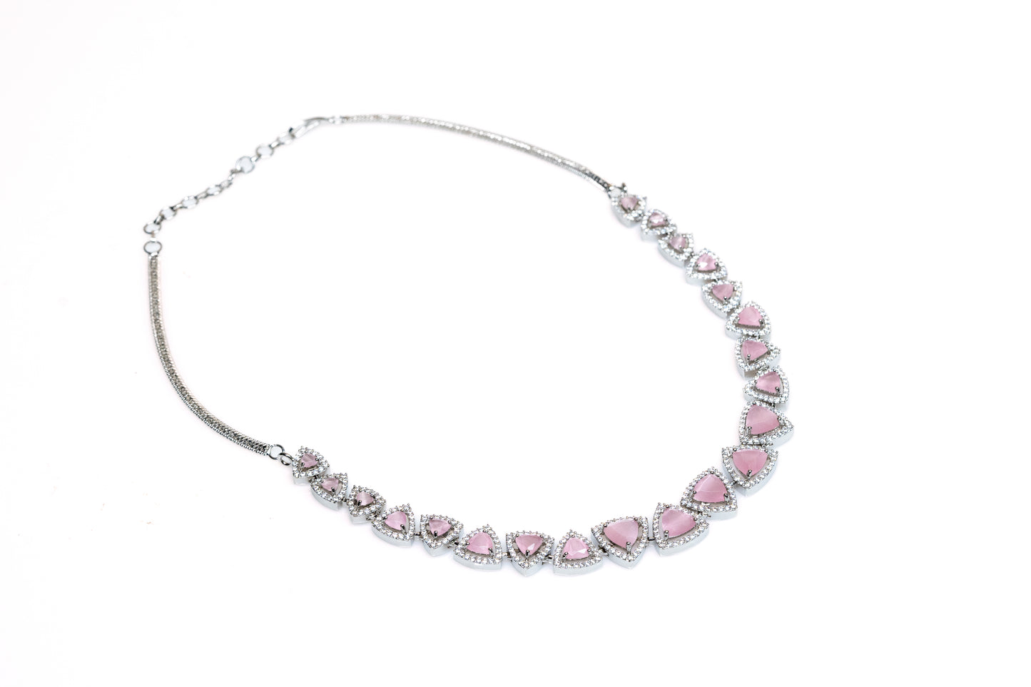 Enchanting Pink Crystal Necklace Set: Glamorous Silver-Toned Triangle Gem Collection - Dazzling Artificial Jewellery for Women's Evening Elegance Buy Online - The Laxmi Company