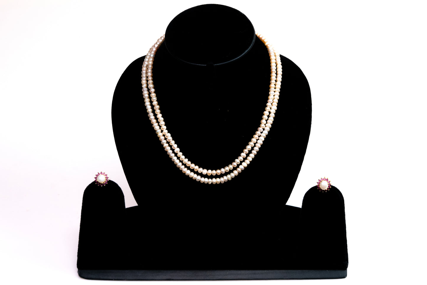 Stunning Double-Strand Pearl Jewelry Set for Women - Pearl Stud Earrings with Ruby Accents - Explore Luxury Fashion and Artificial Jewelry - Shop Online at The Laxmi Company